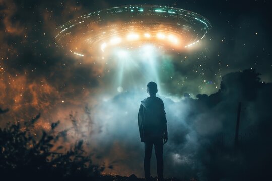 A highly stylized and dramatic scene depicting a man experiencing an encounter with an alien entity, conveying themes of sci-fi, abduction, or supernatural events