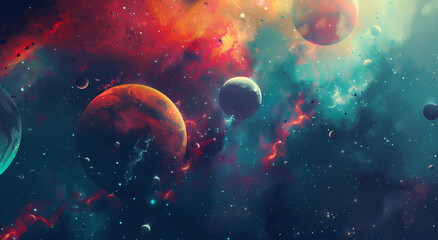 abstract background of colorful nebulae and planets in space
