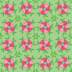 vector, seamless geometric pattern of mandala composition dark pink tulip and green leaves on green background. Folk style. For summer women dresses, dining, home decor, wrapping paper.