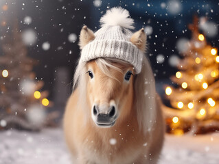Fototapeta premium Christmas horse background. Christmas card template. Happy New year backdrop. Horoscope, calendar.