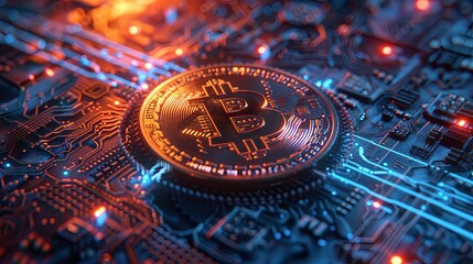 Close-up image of a golden Bitcoin on a detailed electronic circuit board, symbolizing cryptocurrency technology.