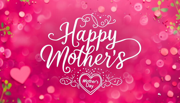 
The image is a vibrant banner with the text "Happy Mother's Day" surrounded by decorative elements like hearts and dots on a pink background