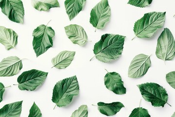 Several vibrant green leaves laying on a clean white surface, showcasing the natural beauty and simplicity of foliage - obrazy, fototapety, plakaty