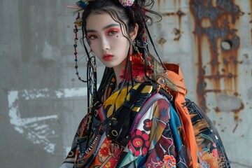 Fashion Fusion: Young Woman with Avant-Garde Style Against Rustic Backdrop