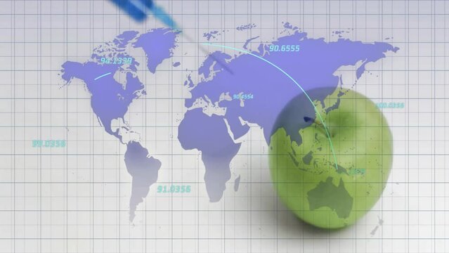 Animation of world map and data processing over syringe with needle piercing apple