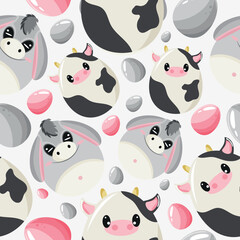 Obraz premium Easter seamless pattern with decorated eggs with cows and donkeys and gray and pink eggs for holiday posters, textiles or packaging
