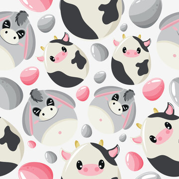 Easter seamless pattern with decorated eggs with cows and donkeys and gray and pink eggs for holiday posters, textiles or packaging