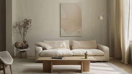 Interior design of cozy living room with stylish sofa, coffee table, dired flowers in vase, mock up poster, carpet, decoration, pillows, plaid and personal accessories in modern home decor.