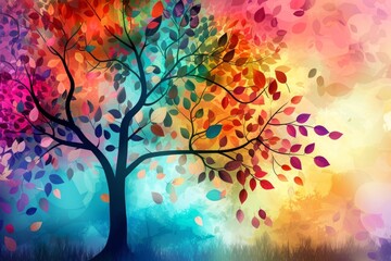 Obraz na płótnie Canvas Colorful tree with leaves on hanging branches illustration background 3d abstraction wallpaper