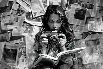 black and white illustration girl newspaper photography - obrazy, fototapety, plakaty
