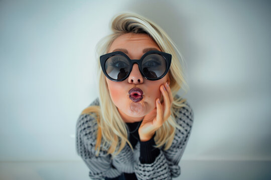 jeune femme mannequin envoyant des baisers, portant des lunettes de soleil noires, la main sur le menton, posant pour la photo, sur fond blanc dans le style de la photographie de mode