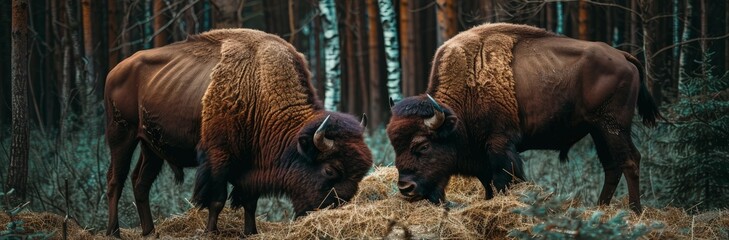 Two bison are standing next to each other in a dense forest, surrounded by trees and foliage