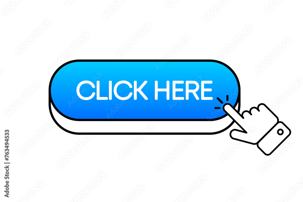 Poster click here button. 3d style. button with hand pointer clicking. vector illustration.