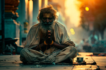 beggar on the street - obrazy, fototapety, plakaty