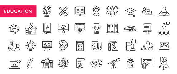 Outline icons of education, studying and science. Includes human brain, fields of study, graduation, school, university and knowledge. Designed for web, mobile, promo materials. Vector illustration. - obrazy, fototapety, plakaty