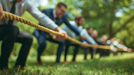 Business people pulling together, demonstrating strength and teamwork in a tug of war competition, showcasing corporate teams' unity and camaraderie in sportsmanship. - obrazy, fototapety, plakaty