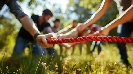 People helping each other pull ropes demonstrate strength and teamwork in a tug of war competition, showcasing unity and determination in sportsmanship.
