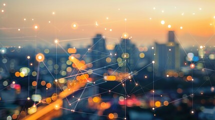 Fototapeta premium Polygonal business networking with connecting dots on blur city at sunset background.AI generated