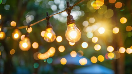 String of electric light bulbs hanging on wires illuminating an outdoor event at night, creating a captivating ambiance and festive atmosphere.