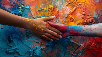 Two artists' hands shake as they skillfully blend diverse colors, symbolizing the integration of differences into a harmonious whole.