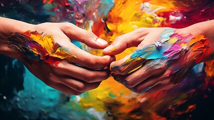 Two artists' hands deftly blend diverse colors, holding each other, symbolizing the harmonious integration of differences and collaborative effort.