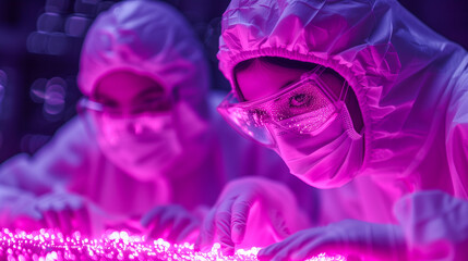 Scientists in protective suits work with bright pink lights in a high-tech laboratory setting