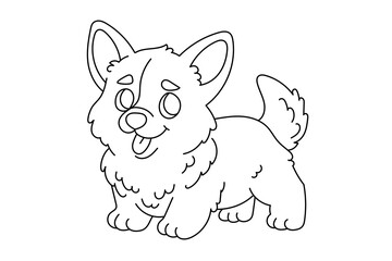 Line art coloring page for kids. Kindergarten or preschool coloring activity. Kawaii welsh corgi puppy and tulip. Cute pet vector illustration - 763495132