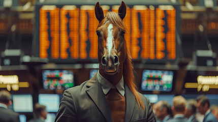 Horse-headed person in suit in front of stock market screens represents speed and agility in trading - obrazy, fototapety, plakaty