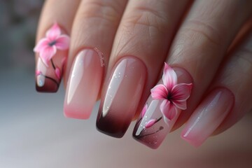 Pink elongated nail extension with fine glitter.
