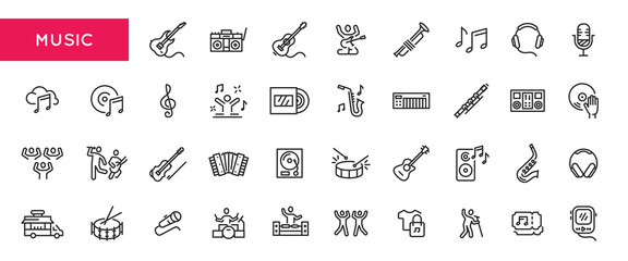 Black outline icons for music and entertainment. Images of instruments, bands, performers, festivals, concerts and audio equipment. For web, mobile, promo materials and SMM. Vector illustration