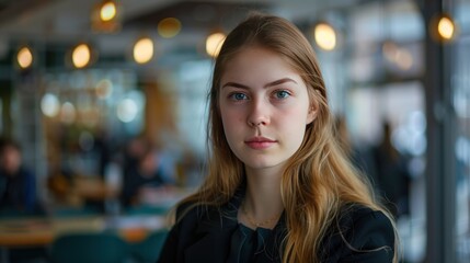 Portrait of young woman wear black dress in a modern office workplace background. AI generated image