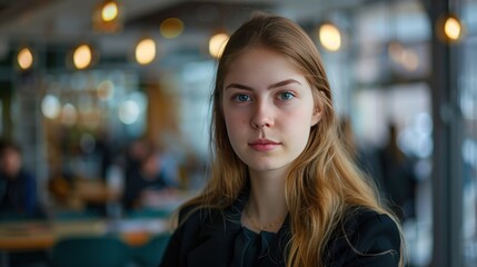 Obraz premium Portrait of young woman wear black dress in a modern office workplace background. AI generated image