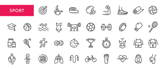 Sports and fitness icon set with basketball, swimming, weightlifting, tennis, jogging, healthy diet, cycling, and more. Vector graphics on white background for web and mobile. Vector illustration	