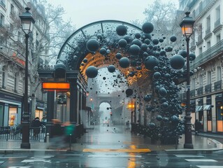 Rainy Day in City With Grand Arch