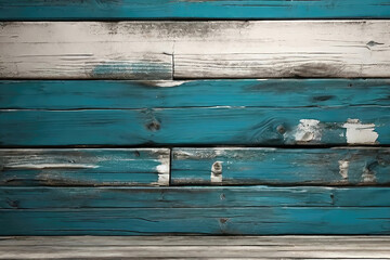 Fototapeta premium Turquoise and white old dirty weathered outdoor wood wall wooden plank board texture background with grains and structures
