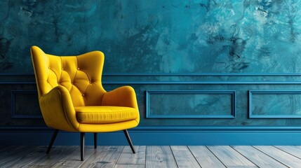 Interior room modern design with yellow armchair against a blue wall background. AI generated image