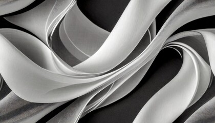 a seamless abstract white and black texture background featuring elegant swirling curves in a wave pattern set against a black fabric material background
