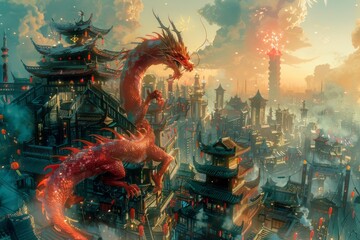 Dragon Flying Over City - obrazy, fototapety, plakaty