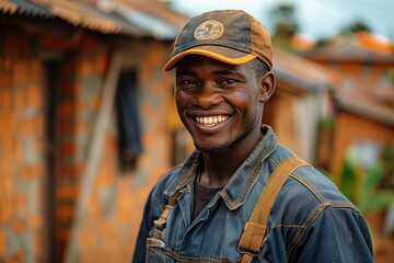 A happy African man in denim overalls and a baseball cap, standing in front of traditional housing