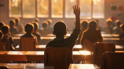 A cinematic image showing a confident child raising his hand to answer a question in class. - obrazy, fototapety, plakaty