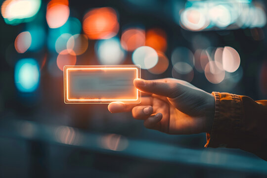 Hand holding on the right virtual empty blank Tickets icons , Technology business e-commerce program, software, app, AI, Online, network, application, abstract background