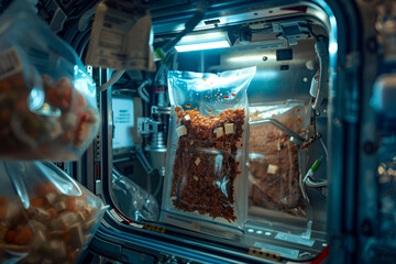 On board space station, ship, zero gravity, cosmic delicacies, food a packet of dried ingredients...