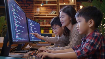 A mentor provides hands-on programming guidance to attentive young students, fostering early education in technology. AIG41