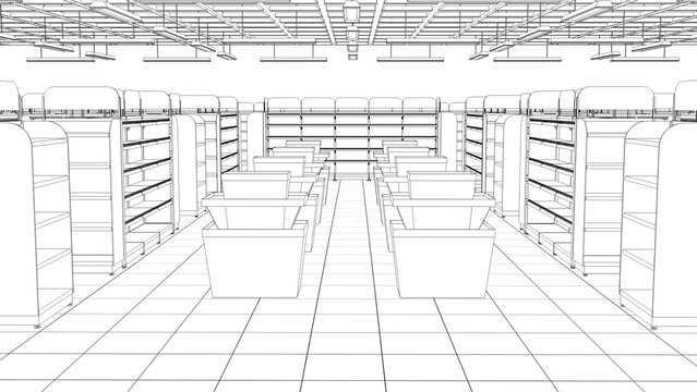 Contour visualization of supermarket interior mockup with cardboard display stands and empty racks. 3d illustration