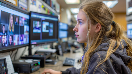 A young woman intently monitors multiple screens showing video calls in a busy broadcasting control room