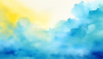 Obraz na płótnie Canvas blue yellow watercolor abstract background a watercolor abstraction of clouds and fog on a textured paper background and toned with a blue to yellow gradient image displays a paper texture at 100