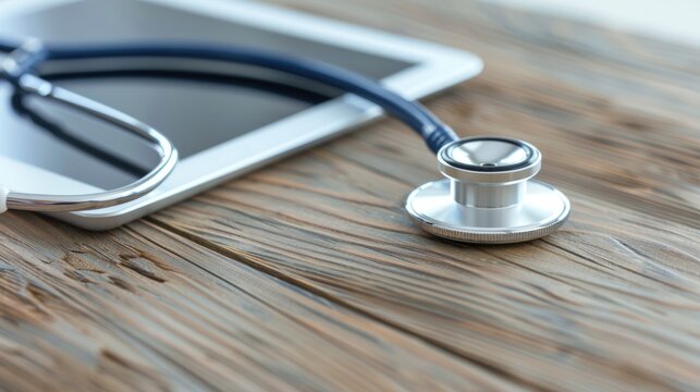 Close up a medical doctor stethoscope on the digital tablet on the table. AI generated image