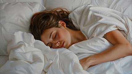 Fototapeta premium a young woman sleeps peacefully in bed, wrapped in a cozy blanket amidst white linens, under the cover of night.
