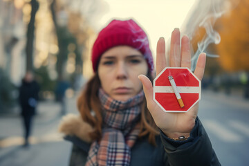 Woman showing stop sign with hand and refusing to take cigarette - obrazy, fototapety, plakaty