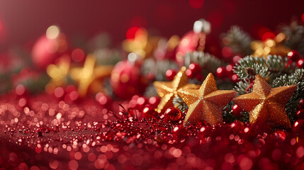 golden xmas stars on red background for merry christmas or season greetings message,bright decoration.Elegant holiday season social post digital card.lues) - obrazy, fototapety, plakaty